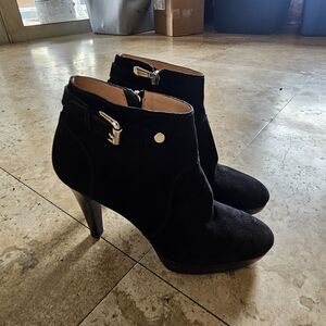 Longchamp Black Suede Platform High Cone Heel Ankle Bootie Size 38 Almond Toe